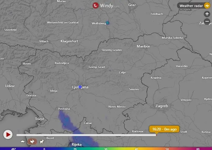 Radarska slika padavin Slovenija – kliknite za animacijo