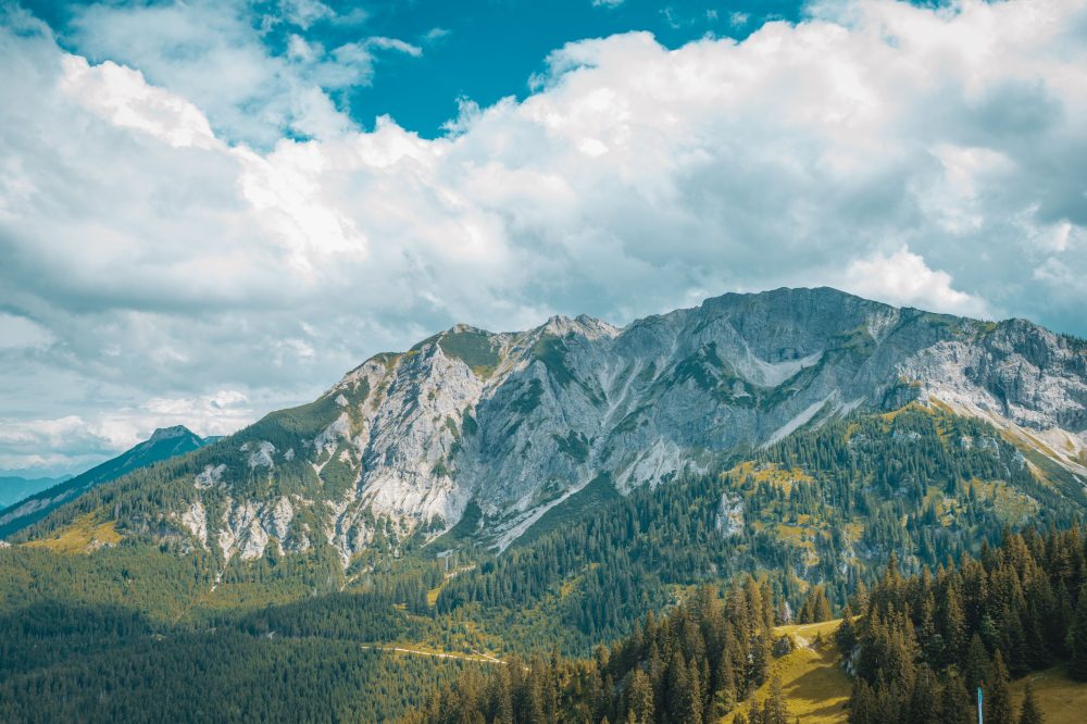 Panoramski pogled na Alpe z zeleno pokrajino pod poletnim nebom